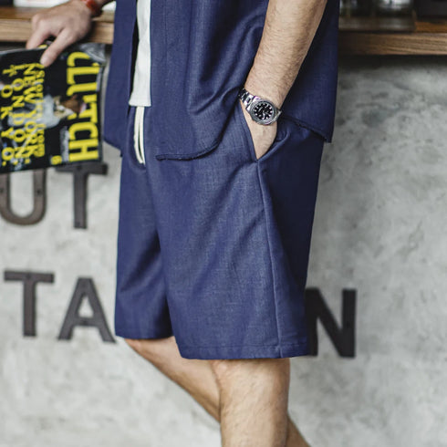 Retro Washed Denim Shorts – Men’s Loose Fit Tencel-Blend with Elastic Waist